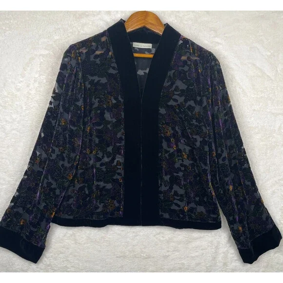Vintage BurnOut Open Cardigan Womens S/M Floral Black Velvet Trim Dark Fairy - Picture 1 of 15